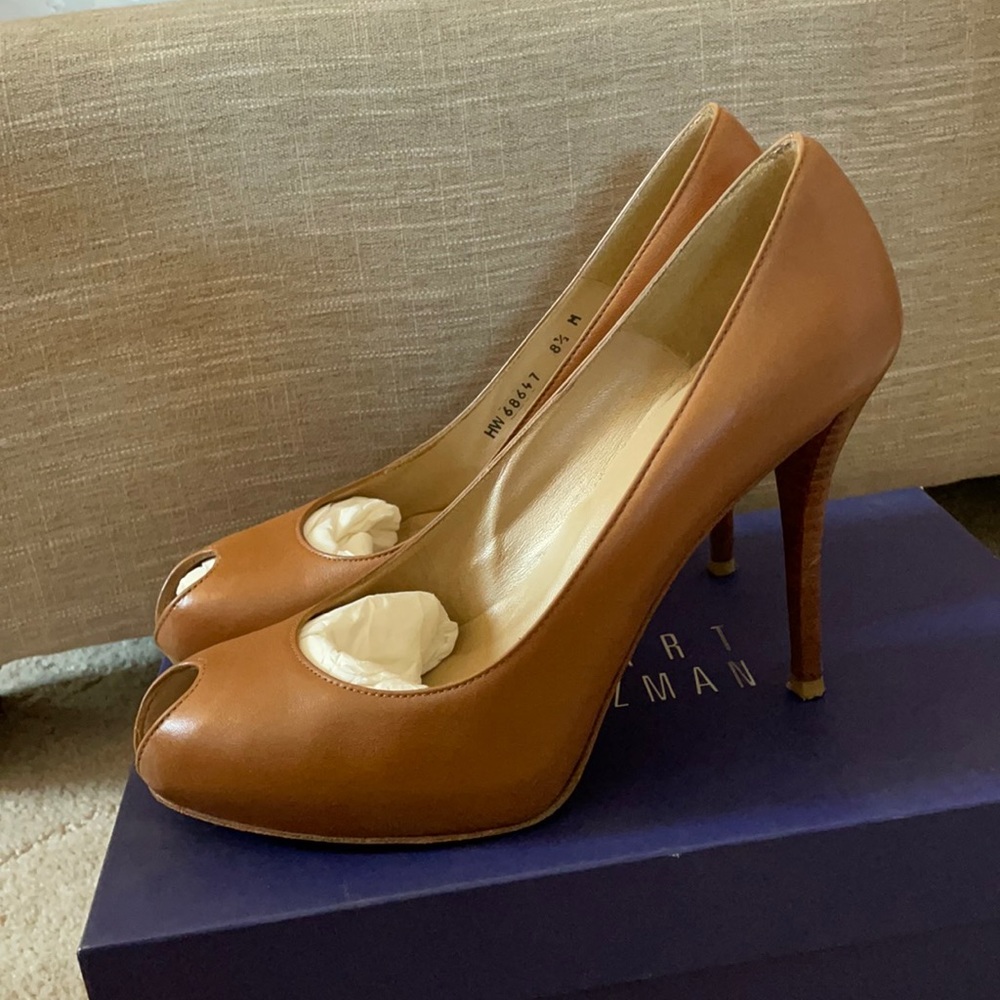 Stuart Weirzman Camel Color 38.5 Pee Toe Pumps - image 1